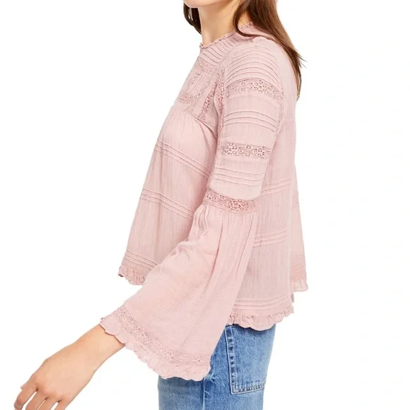 Free People Peony Olivia Eyelet Lace Blouse in Dusty Rose Pink with Long Sleeves - Picture 9 of 10